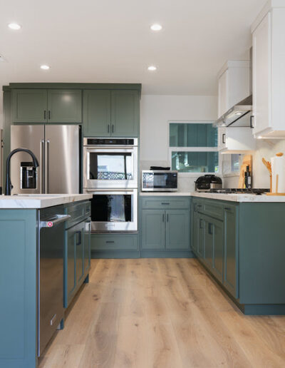 Open kitchen with sage green cabinets and island, San Jose, CA