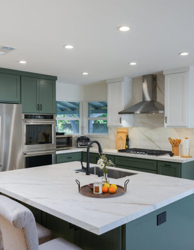 Sage green island with white quartz top, San Jose, CA