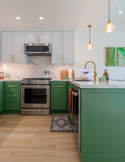 Envy Me Green kitchen with custom green cabinets, San Jose, CA